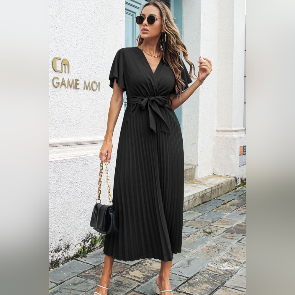 Flutter Sleeve Belted Surplice Midi Dress